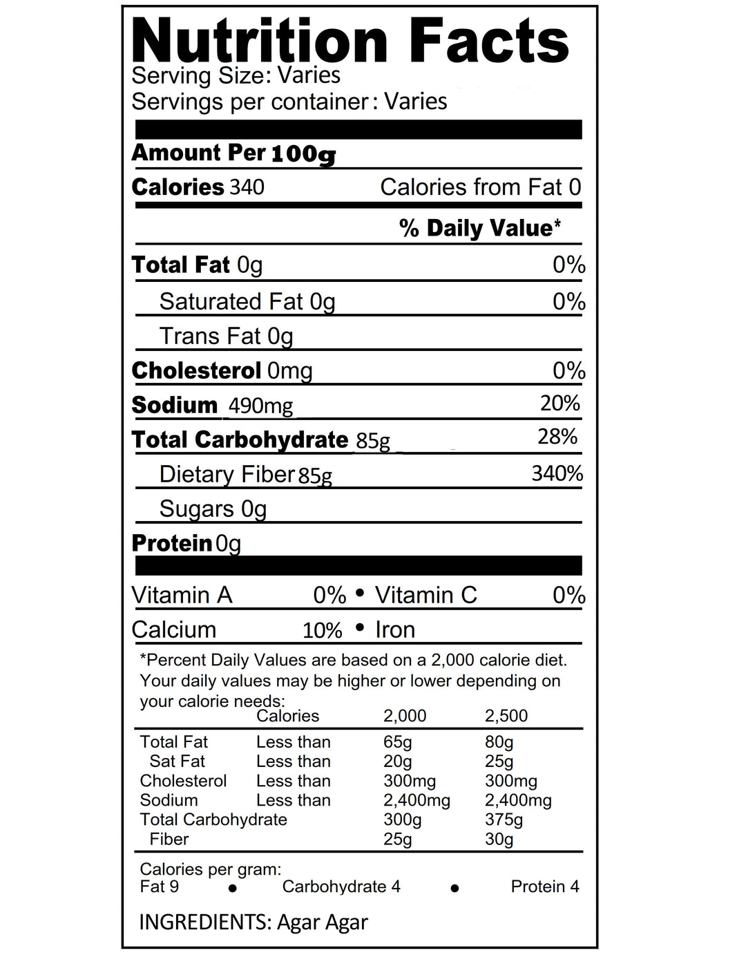 Agar Agar Powder By Cape Crystal  Nutritional Label