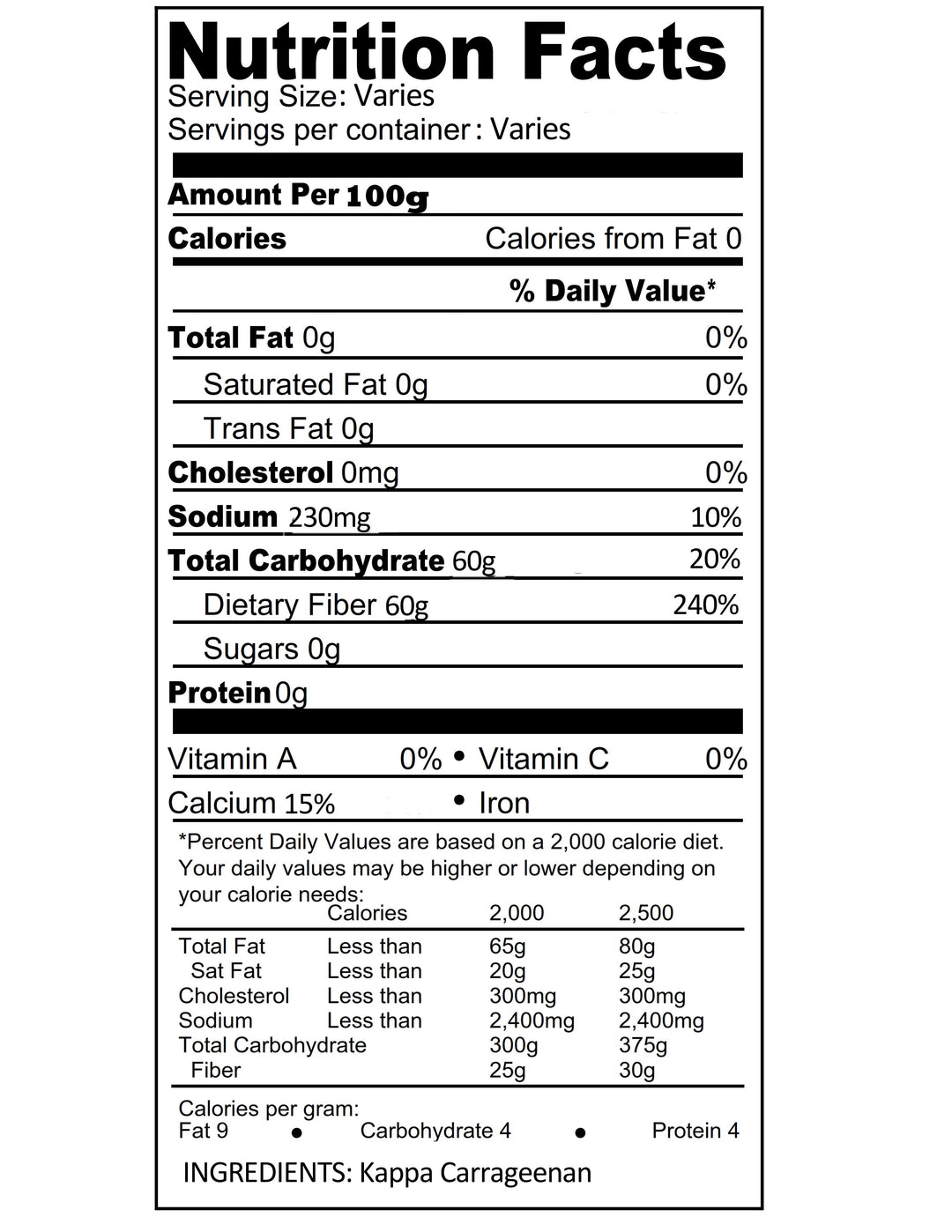 Premium Kappa Carrageenan Powder  8-oz. By Cape Crystal Nutritional Label